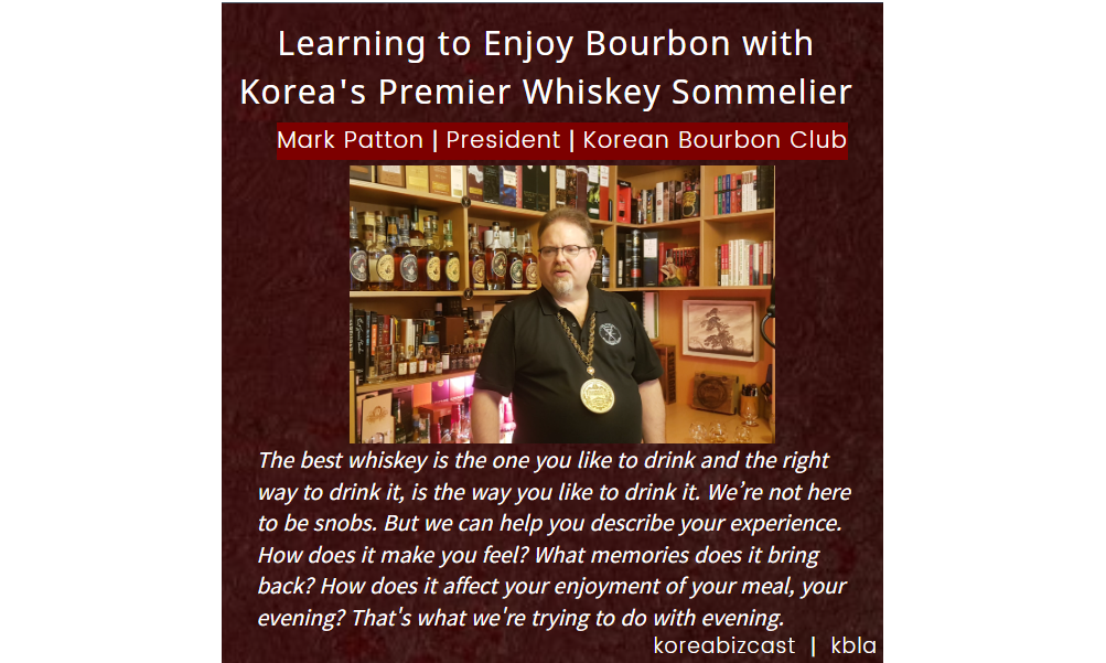 Mark Patton, President of the Korean Bourbon Club talks whiskey with Alex Jensen as a preview to KBLA’s Private Evening Michter’s Event at the Four Seasons Hotel Seoul.